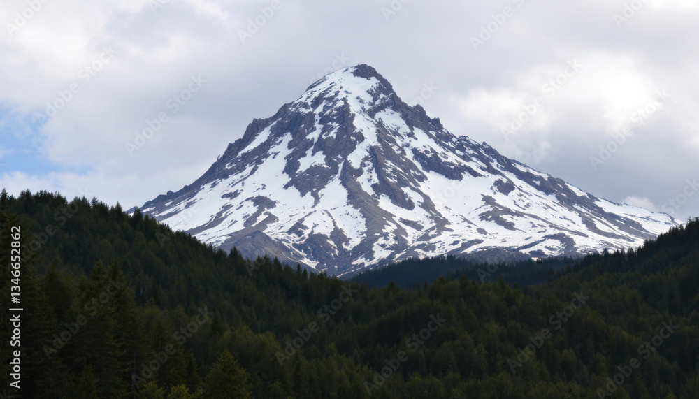 Majestic Snow-Capped Peak Amidst Verdant Forest Majestic Snow-Capped Peak Amidst Verdant Forest