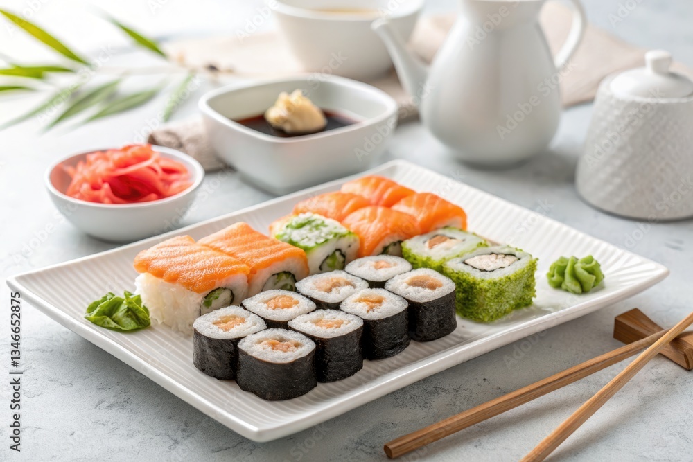 Sushi platter featuring various rolls and sashimi served on a white plate with condiments Sushi platter featuring various rolls and sashimi served on a white plate with condiments