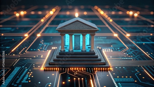 Economic risk affects investment and banking sector concept. Digital bank building on a circuit board, symbolizing finance and technology integration.