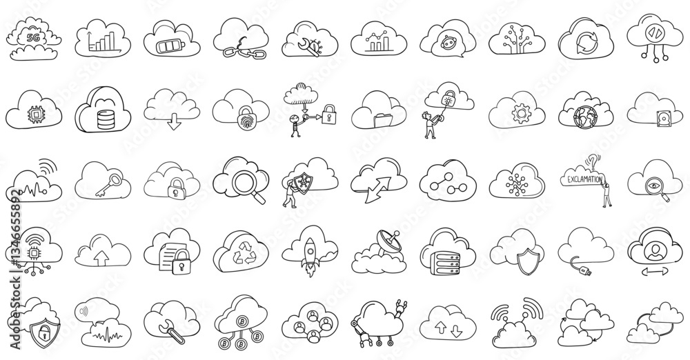 Cloud computing icons with various symbols and concepts, including security, data storage, and connectivity Cloud computing icons with various symbols and concepts, including security, data storage, and connectivity