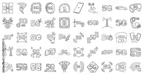Various 5G network icons in outline style, showcasing technology and connectivity
