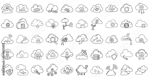 Cloud computing icons with various symbols and concepts, including security, data storage, and connectivity