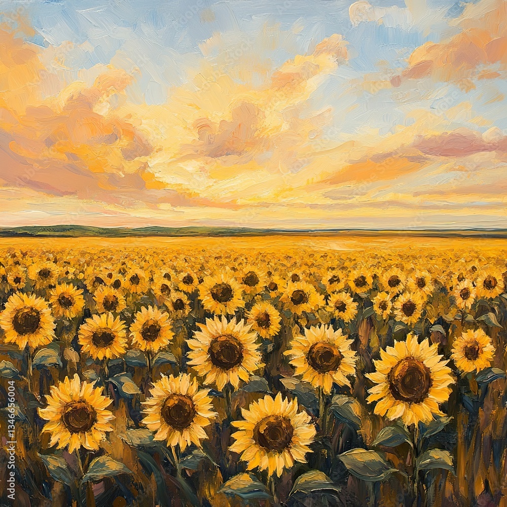 Obraz premium An artistic view of fields of sunflowers stretching to the horizon under unique lighting.