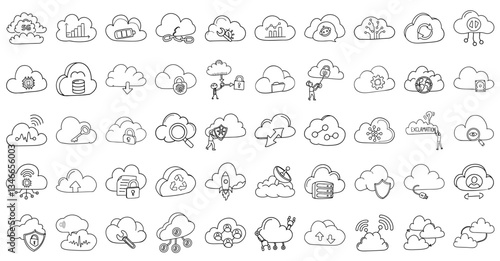 Cloud computing icons in outline style, featuring various technology and data concepts