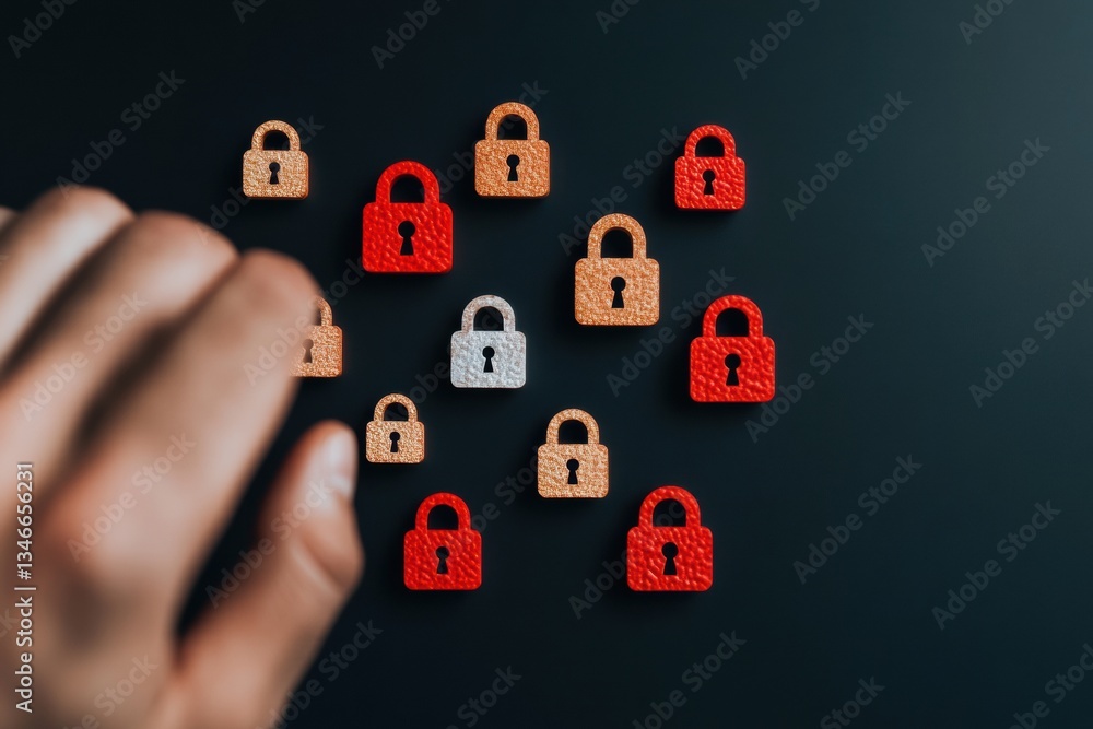 Obraz premium Cybersecurity Visualization Dynamic Multi-Layered Digital Protection Concept with Minimalist Lock Icons - Innovative Network Defense Marketing Asset