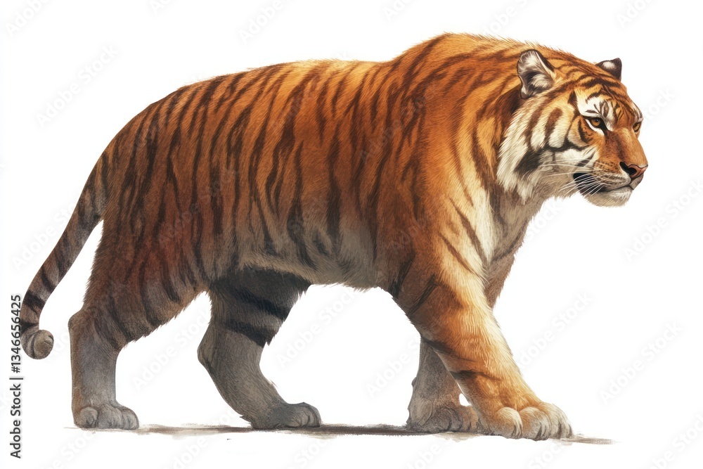 Obraz premium Majestic tiger walking, white background, wildlife illustration, nature print