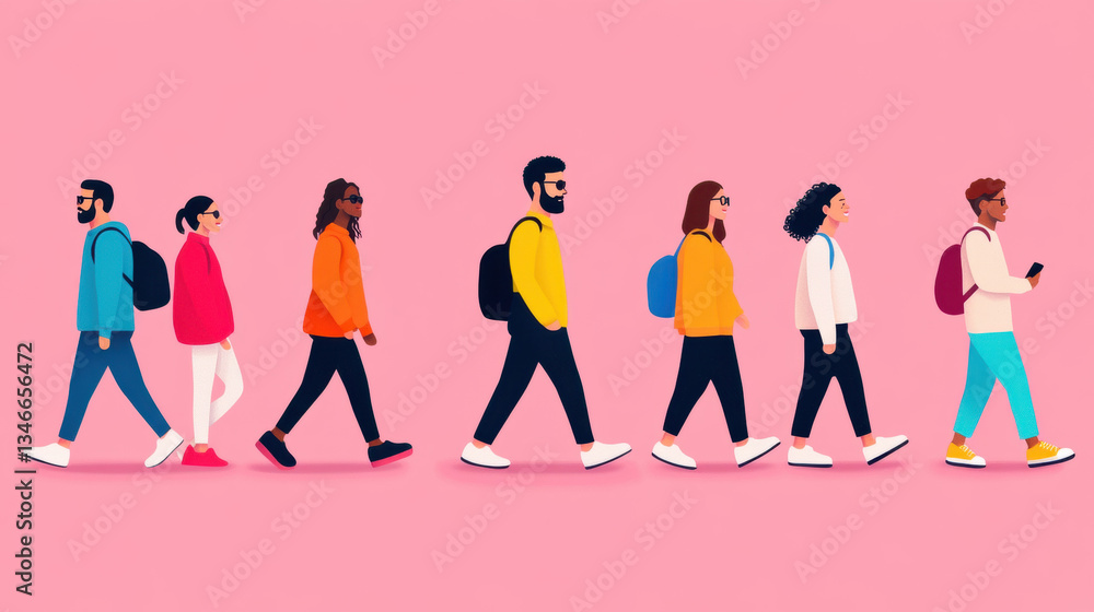 Kenspeckle, Colorful illustration of diverse people walking against a pink background. Kenspeckle, Colorful illustration of diverse people walking against a pink background.