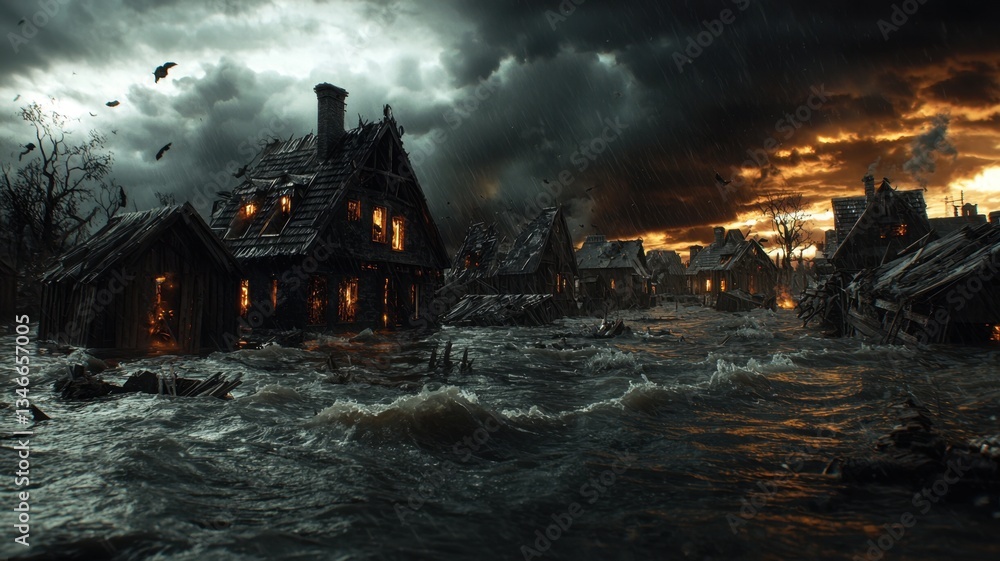 Fototapeta premium River flooding a burning village during a dramatic storm with crows flying, digital illustration