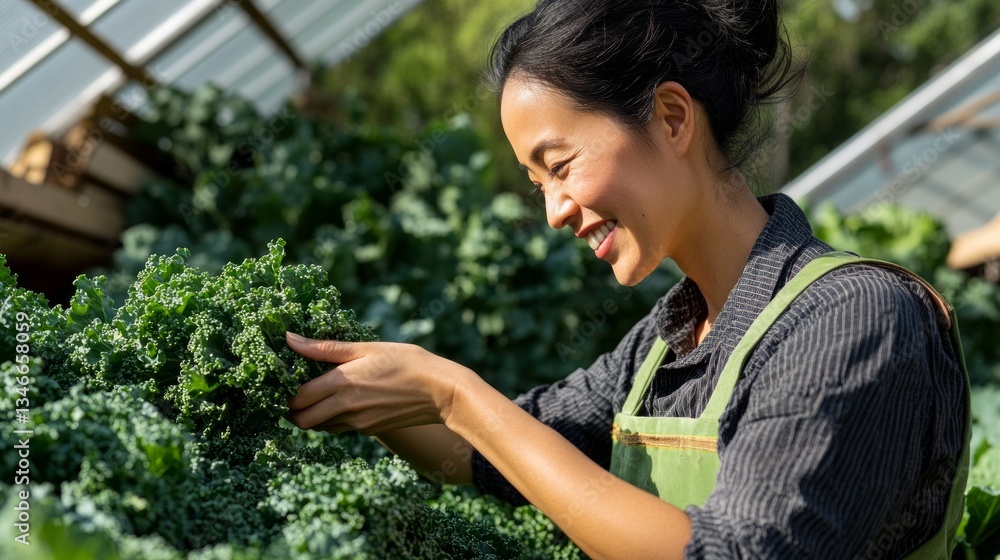 Obraz premium Person tending to plants, surrounded by greenery.