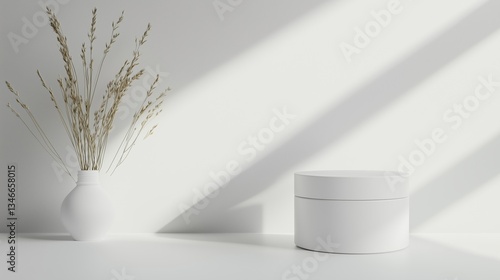 Wallpaper Mural minimalist product shot, with a blank product container. The simple setup includes a vase with dried plants and natural light creating shadows across the scene. Torontodigital.ca