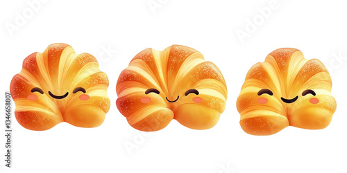 a set of three Cute and Happy Cartoon Croissants
