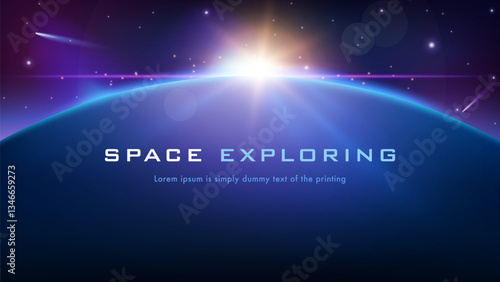 Space background. Vector illustration of cosmos and planet background with text, stars, and comets in dark space. Horizontal planets surface. Space exploration game banner for web, UI. Solar system 