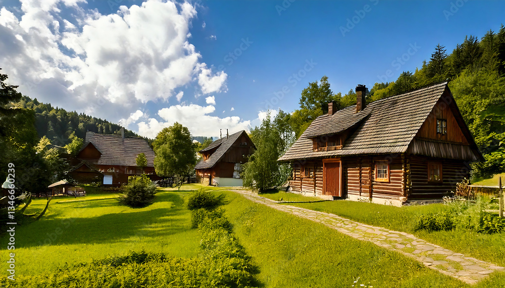 Traditional wooden houses in a rural village setting. Cultural heritage, countryside living, and rustic architecture. Peaceful landscape.