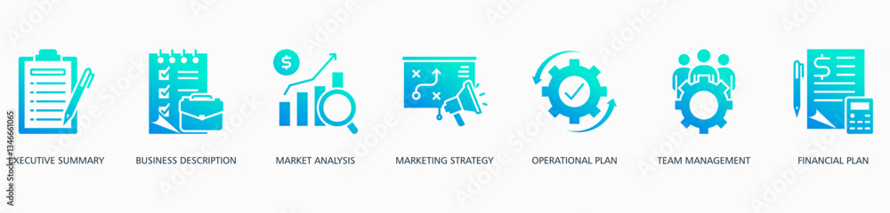 Business Plan banner web icon vector illustration concept with icon of executive summary, business description, market analysis, marketing strategy, operational plan,team management and financial plan Business Plan banner web icon vector illustration concept with icon of executive summary, business description, market analysis, marketing strategy, operational plan,team management and financial plan