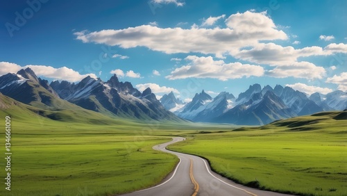 A scenic view featuring a winding asphalt road bordered by vibrant green grass, photo