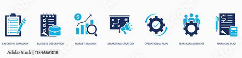 Business Plan banner web icon vector illustration concept with icon of executive summary, business description, market analysis, marketing strategy, operational plan,team management and financial plan