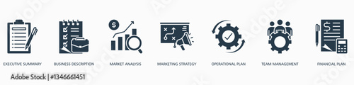Business Plan banner web icon vector illustration concept with icon of executive summary, business description, market analysis, marketing strategy, operational plan,team management and financial plan