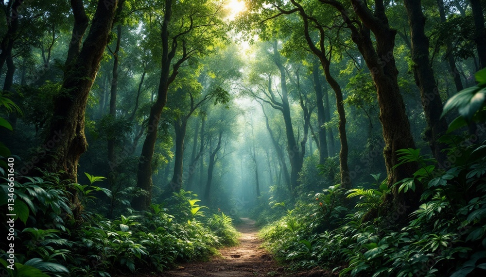 Obraz premium Enchanted Forest Path with Sunlight Rays