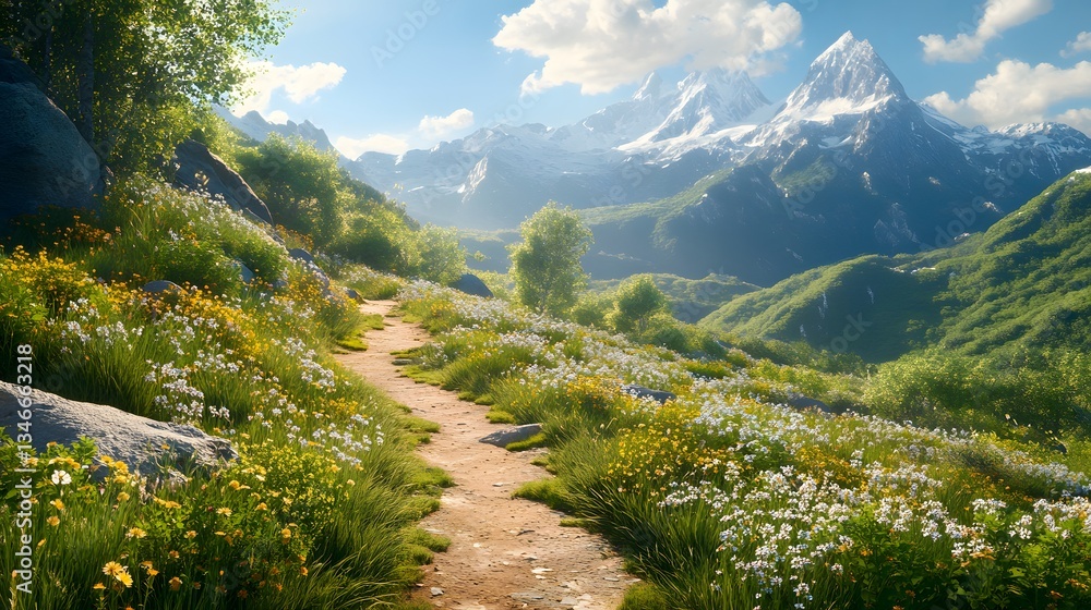 Fototapeta premium Serene Mountain Path Wildflowers Blooming Meadow Hiking Trail Landscape