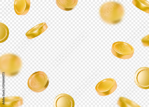 Gold falling coins. Coins flying, blur effect. Money golden cash coins background on transparent background. Gambling, casino, profit concept. Income poster Jackpot win.