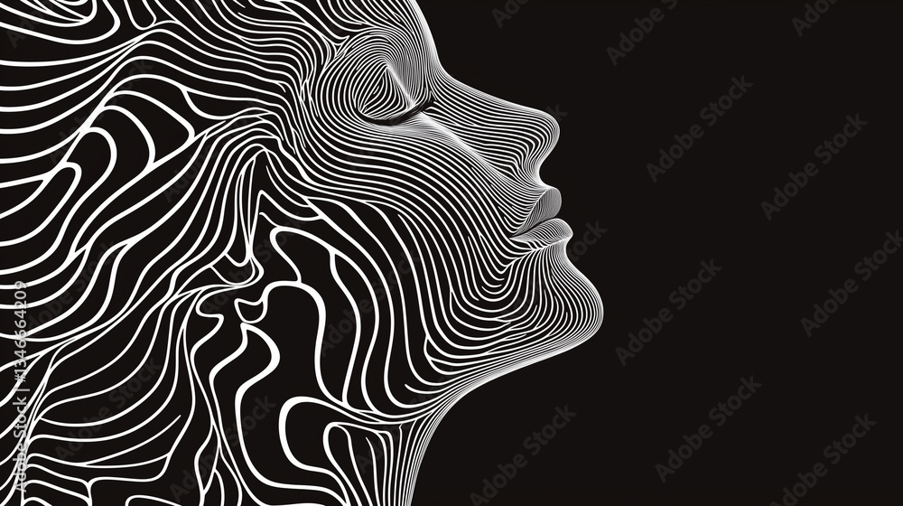 A sleek 5D abstract minimal poster of a woman’s face, composed of white lines set against a black background A sleek 5D abstract minimal poster of a woman’s face, composed of white lines set against a black background