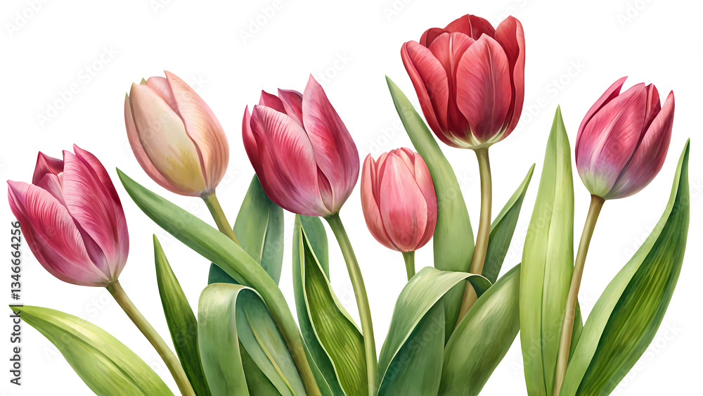 A delightful bouquet of pink and red tulips with vibrant green leaves artfully arranged against a stark white background A delightful bouquet of pink and red tulips with vibrant green leaves artfully arranged against a stark white background