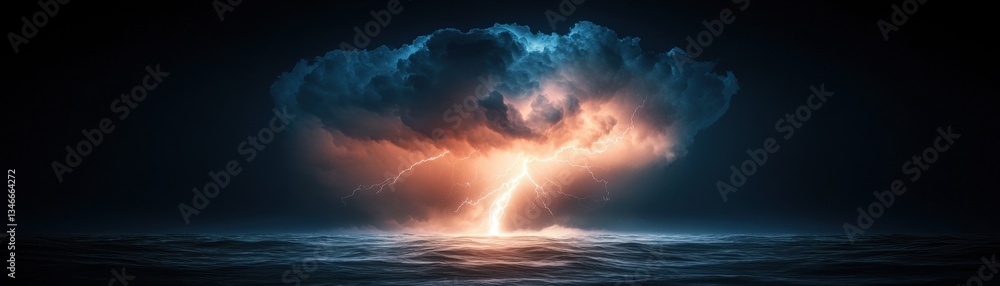 Dramatic cloudburst over ocean with electrifying lightning at night Dramatic cloudburst over ocean with electrifying lightning at night