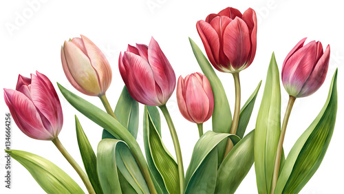 Wallpaper Mural A delightful bouquet of pink and red tulips with vibrant green leaves artfully arranged against a stark white background Torontodigital.ca