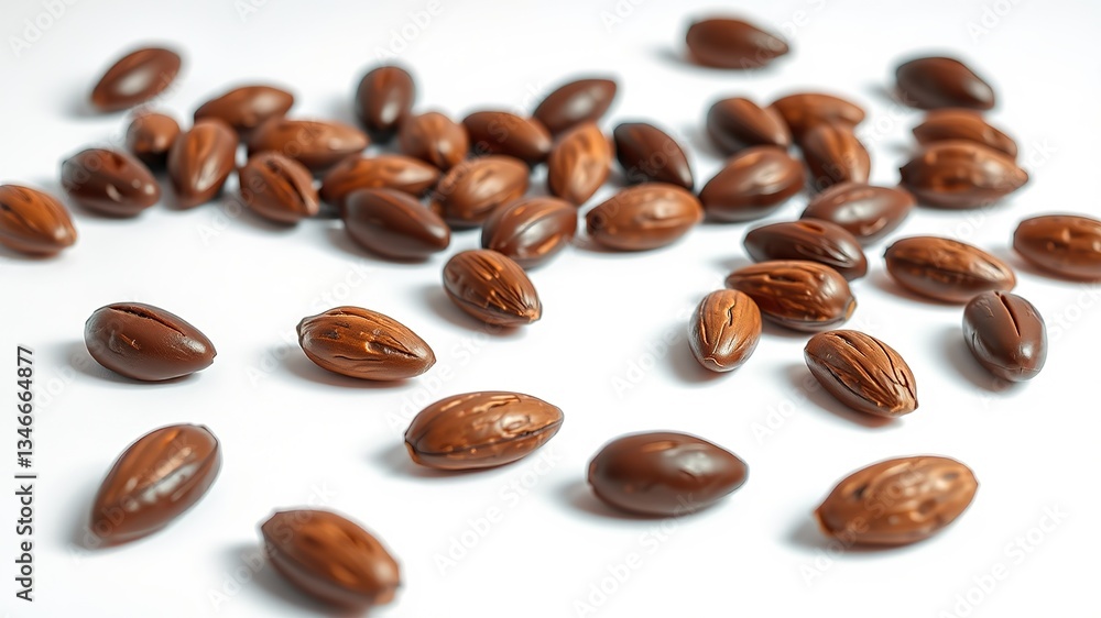Elegant Chocolate-Covered Almonds on White Background Elegant Chocolate-Covered Almonds on White Background