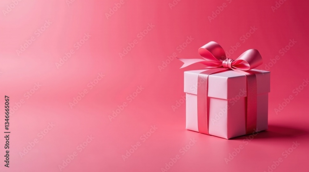 Fototapeta premium A Delicate Pink Gift Box with a Lovely Ribbon Bow on a Matching Background
