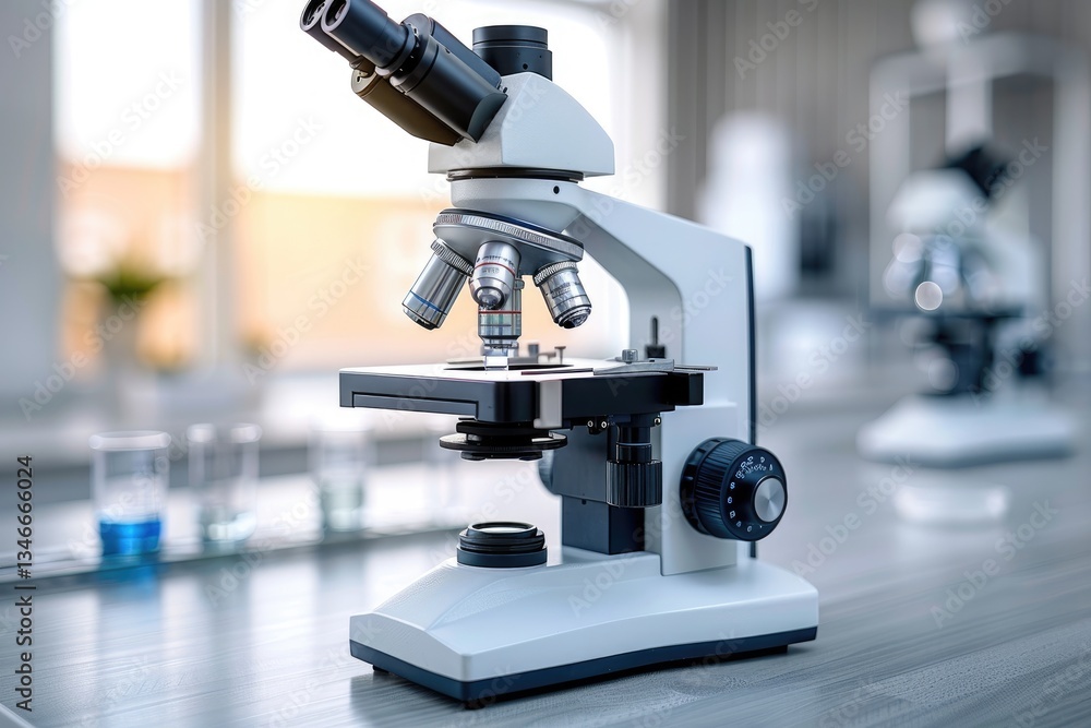 A Brightly Lit Laboratory Microscope Focused On The Subject A Brightly Lit Laboratory Microscope Focused On The Subject