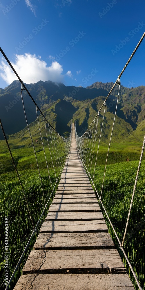 Obraz premium A breathtaking view of a long suspension bridge stretching across lush green hills, leading towards majestic mountains under a clear blue sky.