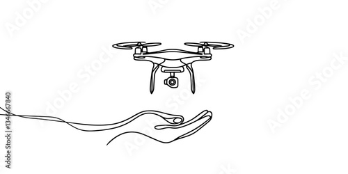 One single line drawing of drone flying, vector graphic illustration of unmanned drone. Modern aerial gadget for videography concept. Modern continuous line drawing design
