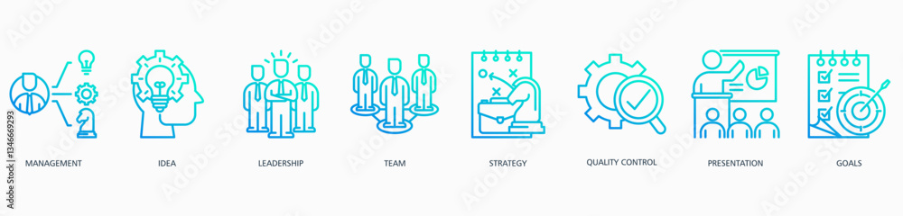 Business Strategy banner web icon vector illustration concept with icon of management, idea, leadership, strategy, quality control, presentation and goals Business Strategy banner web icon vector illustration concept with icon of management, idea, leadership, strategy, quality control, presentation and goals