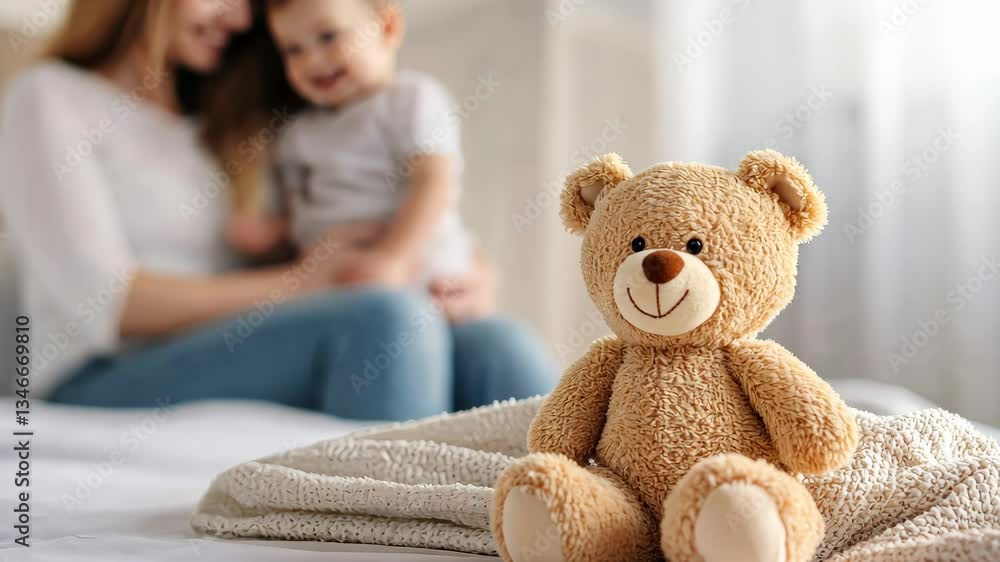 Cozy family moment with smiling teddy bear on bed Cozy family moment with smiling teddy bear on bed
