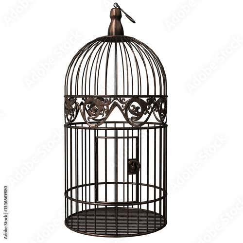 Schilderij op canvas 3D rendered vintage metal birdcage with open door isolated on transparent backgr