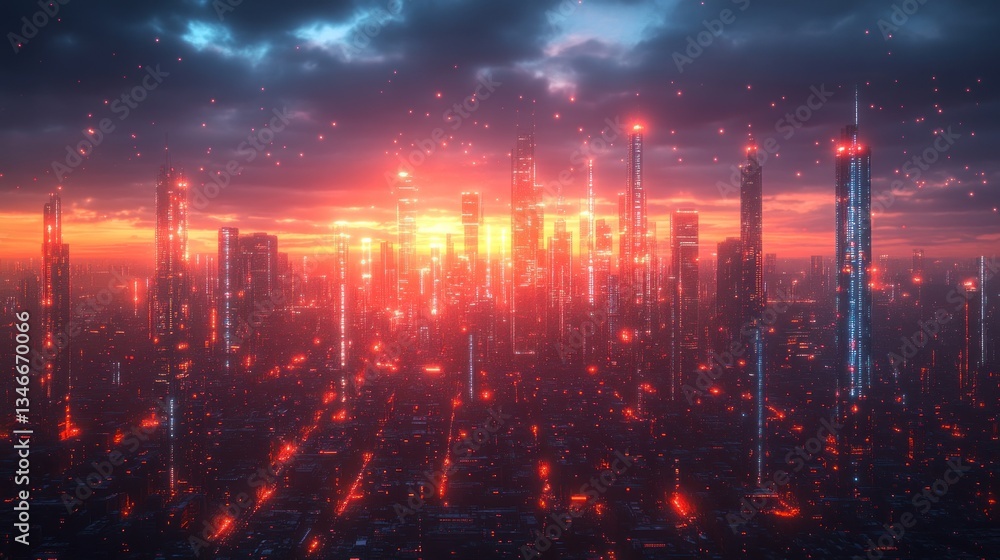 Fototapeta premium Futuristic city skyline at sunset with glowing red lights