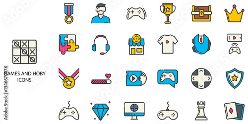 Games and Hobby simple concept 24 color icons set. Contains such  game, juggling, jump rope, large group .Vector illustration.