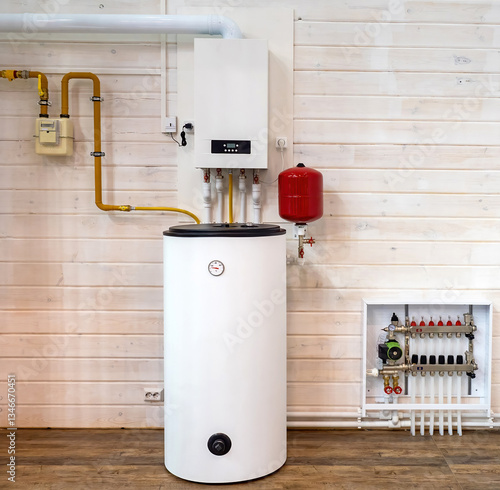 Heating boiler tank. Room with heating equipment. Gas boiler technologies. Heating system country house. Boiler tank at wooden wall. Gas equipment to maintain temperature. Engineering communications