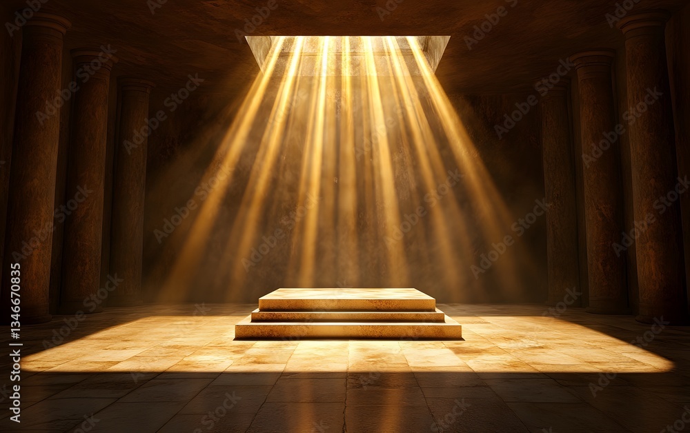 A grand marble podium in an ancient temple, illuminated by beams of golden light from above.