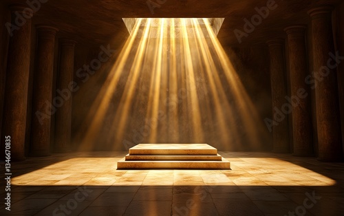A grand marble podium in an ancient temple, illuminated by beams of golden light from above.