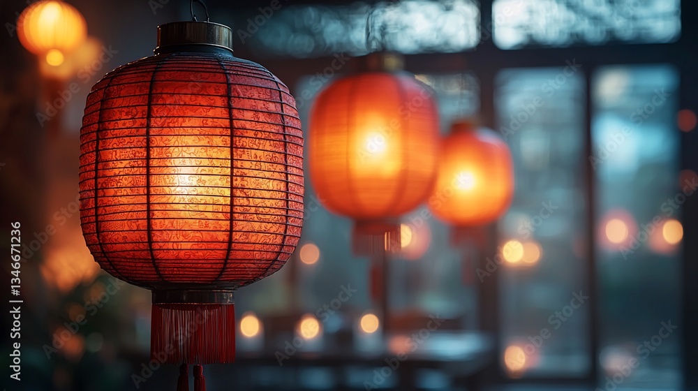 Fototapeta premium Elegant chinese lanterns emitting a warm glow in a serene setting indoors