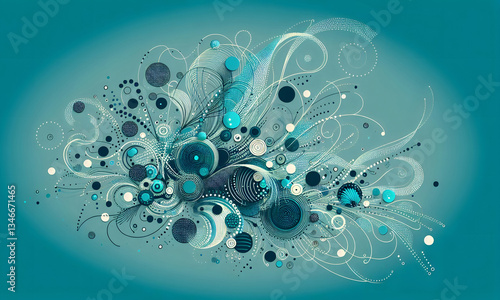 Türkiser Hintergrund mit zufällig angeordneten Symbolen, abstrakt und filigra, copy space