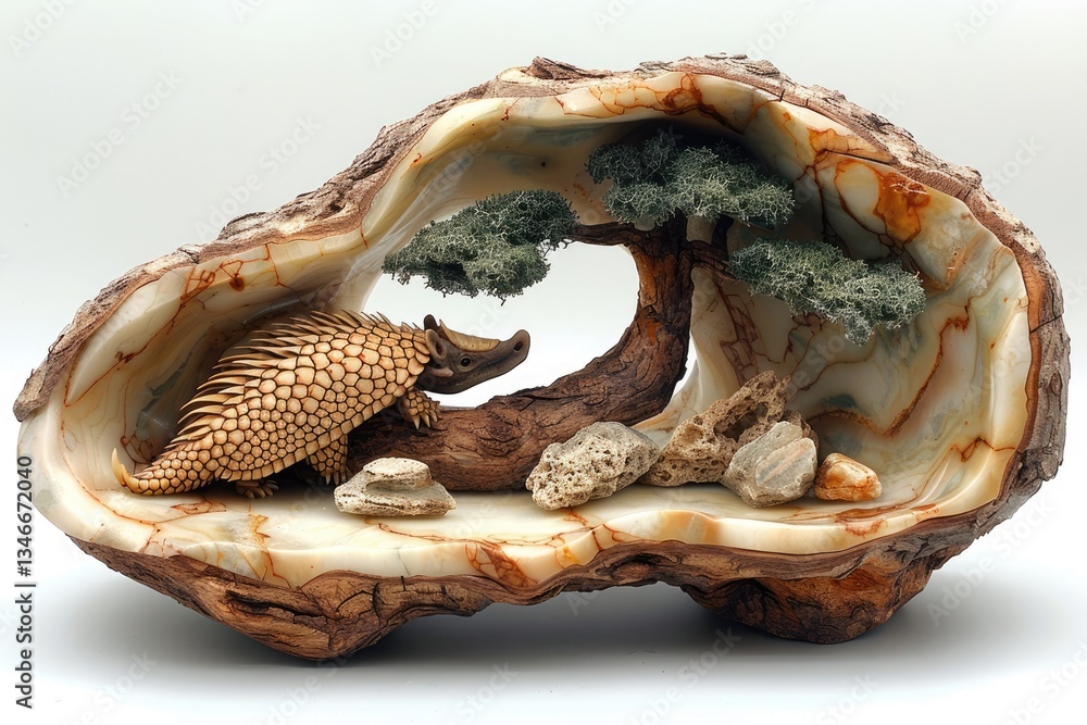 Naklejka premium A Carved Sculpture Displays An Animal Inside Of A Natural Display