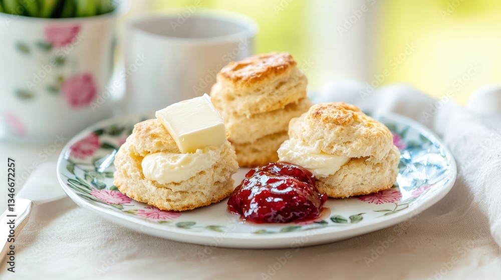 Coastal Grandma Style. Delicious scones topped with butter and jam on a floral plate by a window. Coastal Grandma Style. Delicious scones topped with butter and jam on a floral plate by a window.