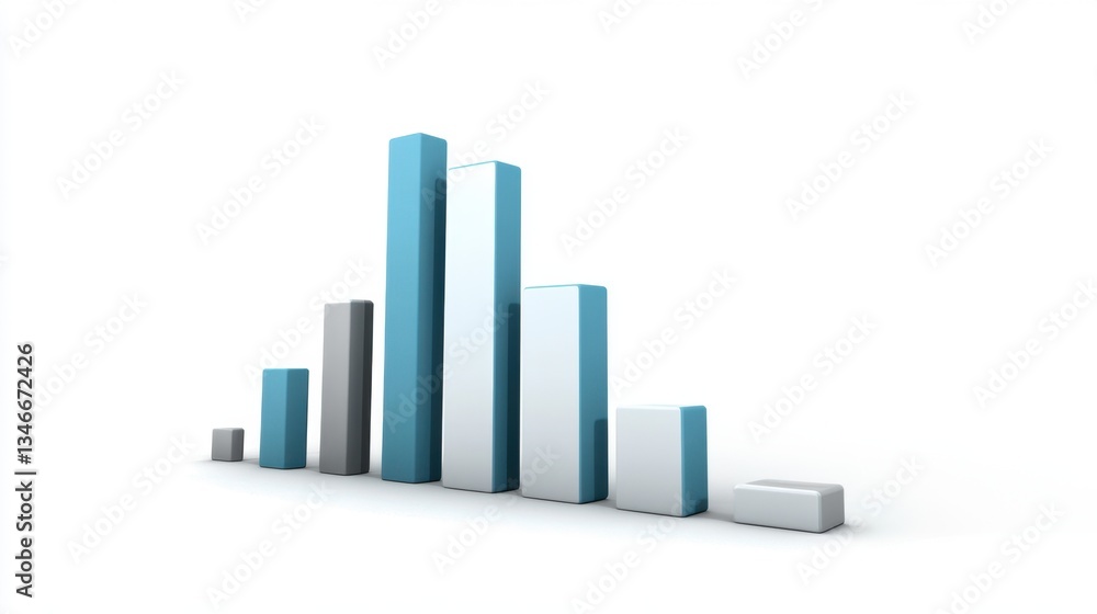 A 3D bar graph with varying heights in shades of blue and gray, representing data comparison and trends visually. A 3D bar graph with varying heights in shades of blue and gray, representing data comparison and trends visually.