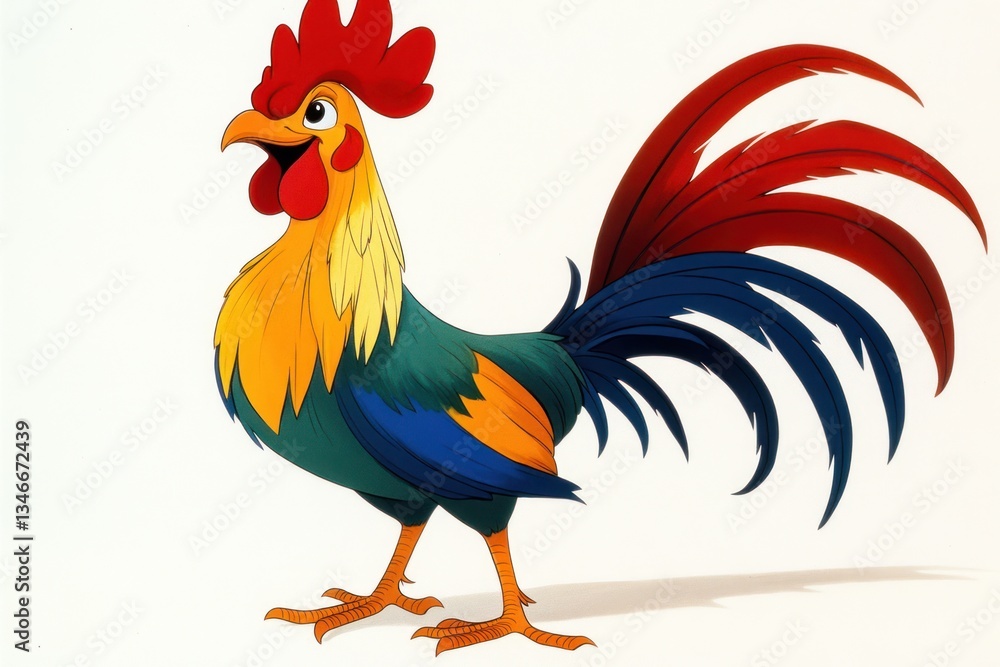 Fototapeta premium Colorful rooster, standing, isolated on white background, for children's illustration or education use