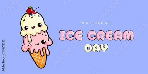 National ice cream day. Design template for banner, poster or card with cute ice cream character. Vector illustration