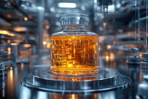 A clear glass bottle containing a yellow liquid substance
