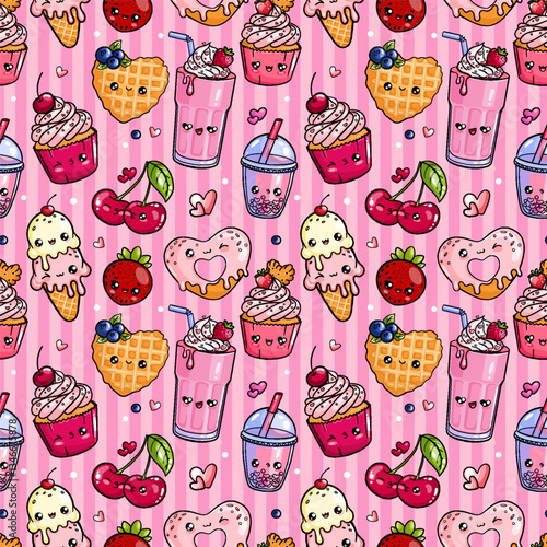 Seamless pattern with cute desserts characters: cupcake, cherries, waffle and donut, milkshake, bubble tea, strawberry, ice cream. Vector design for print, fabric, wallpaper or wrapping paper.